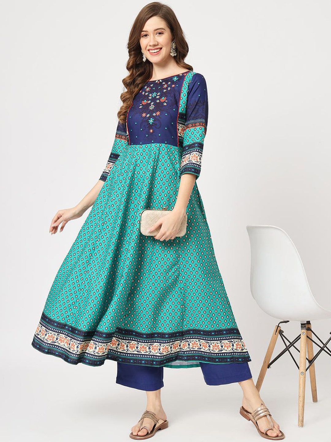

Pannkh Boat Neck Printed Anarkali Kurta, Navy blue
