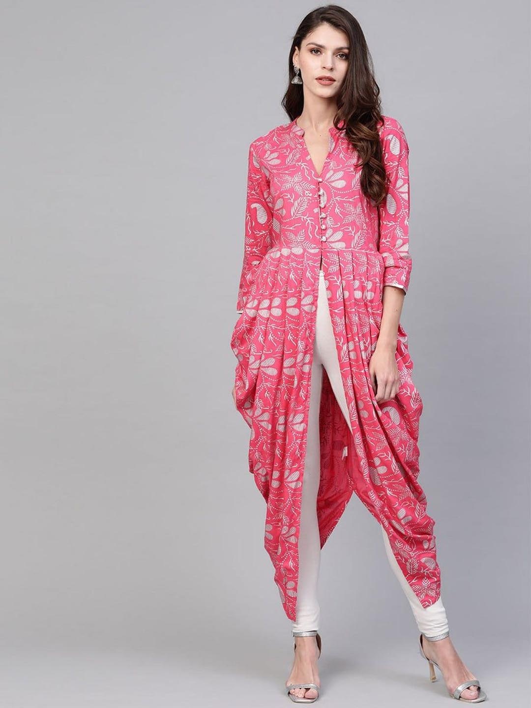 

Pannkh Floral Printed Mandarin Collar Pathani Kurta, Pink