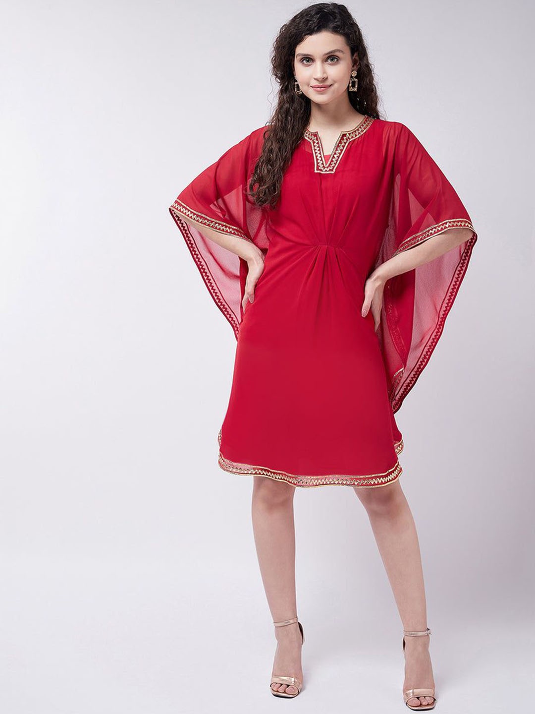 

Pannkh Notch Neck Extended Sleeves Thread Work Georgette Kaftan Dress, Red