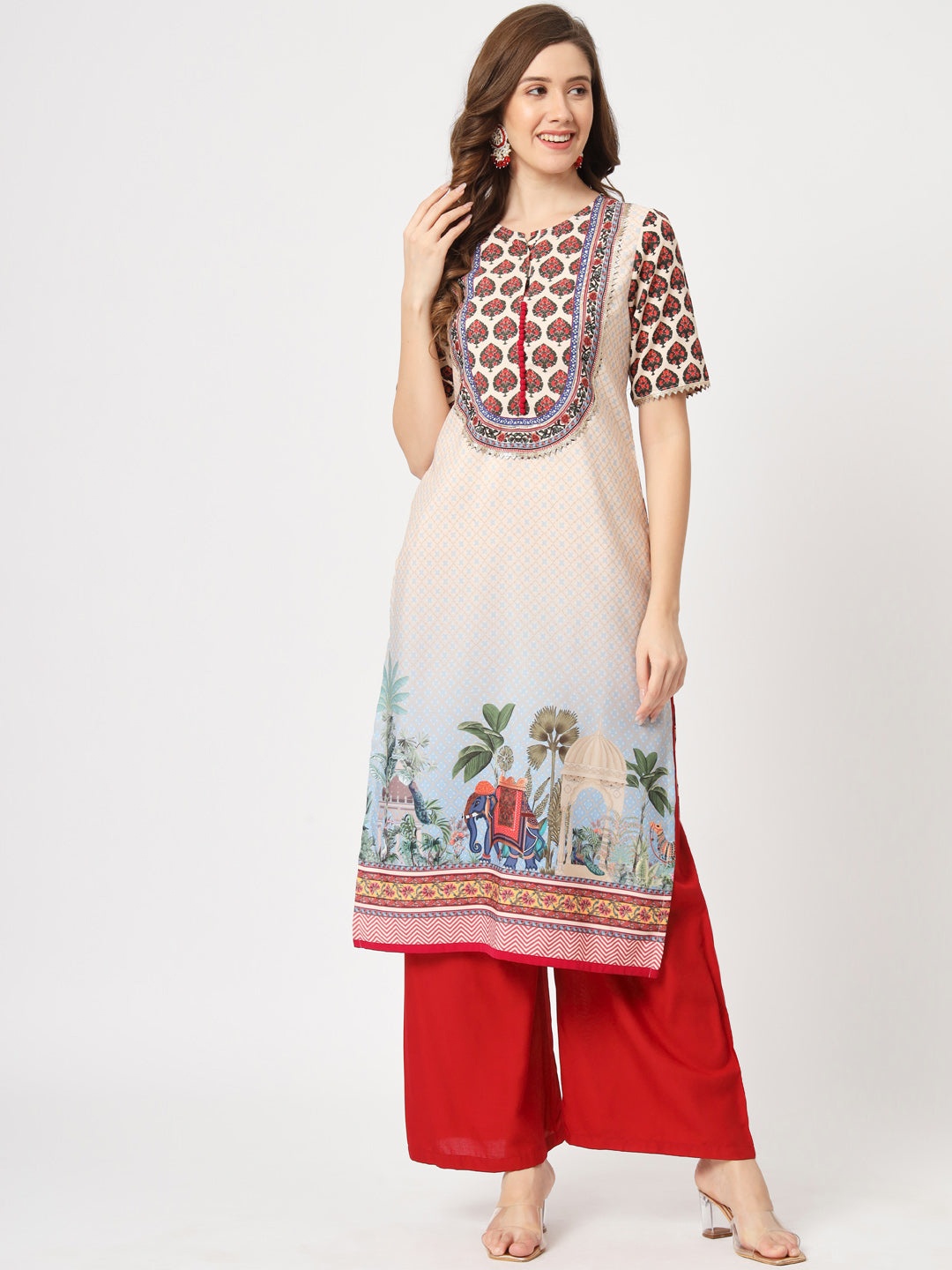 

Pannkh Round Neck Ethnic Motifs Printed Thread Work Kurta, Beige