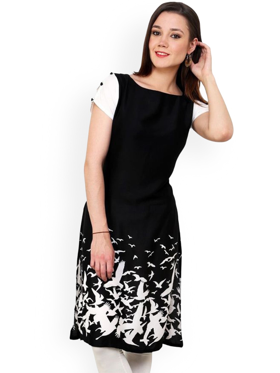 

Pannkh Boat Neck Short Sleeves Printed Straight Kurta, Black
