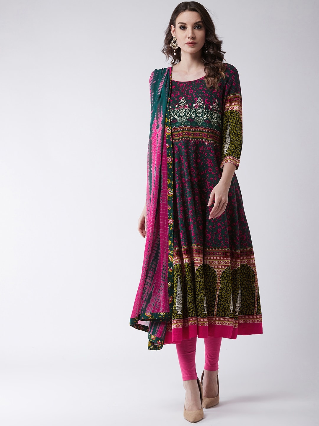 

Pannkh Florl Printed Round Neck Anarkali Kurta, Green