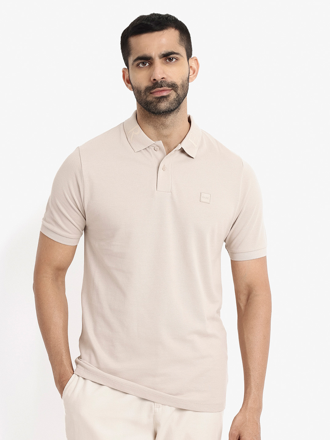 

RARE RABBIT Men Clif Embroidered Solid Polo Collar T-Shirt, Beige