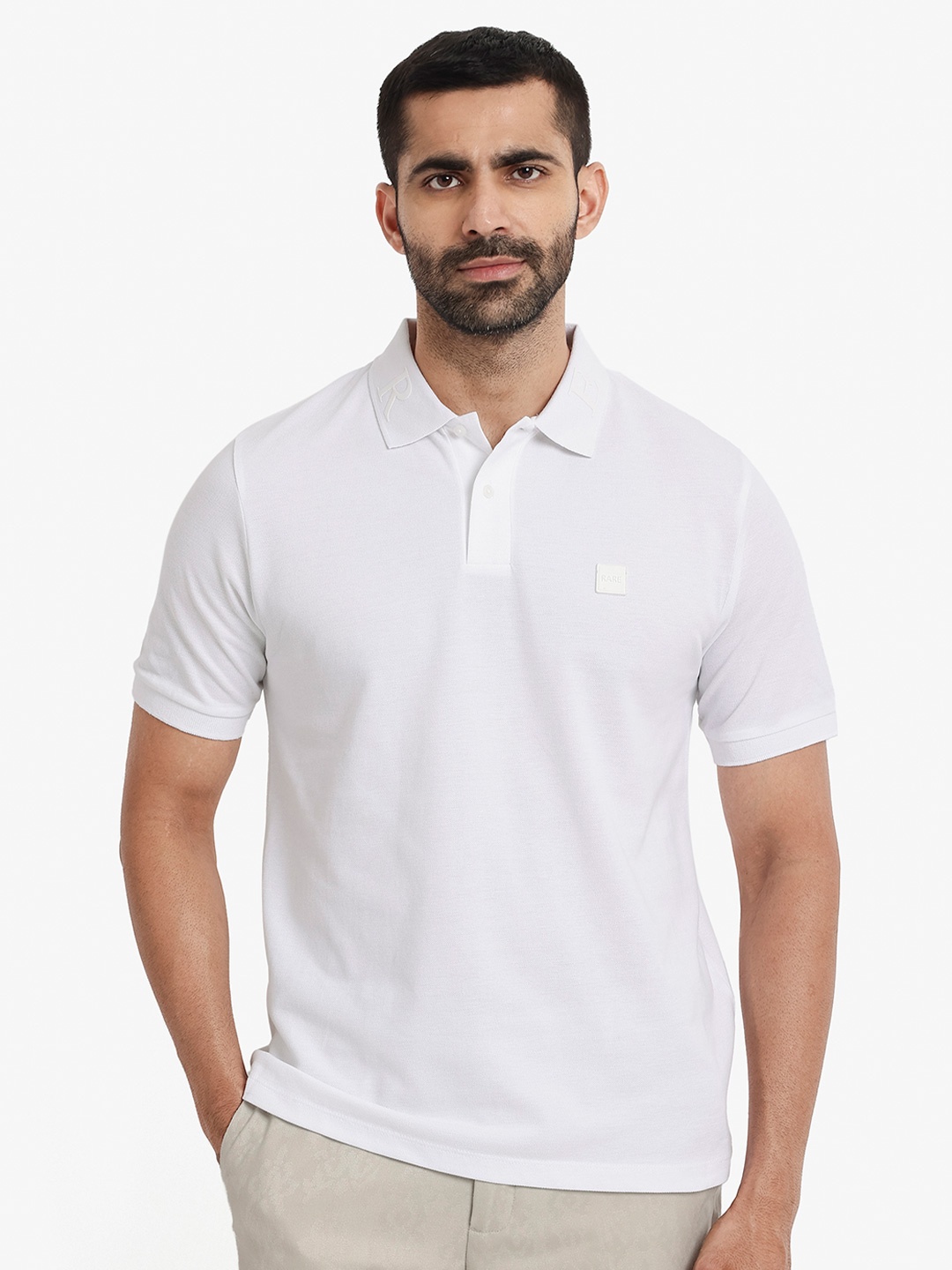 

RARE RABBIT Men Clif Embroidered Solid Polo Collar T-Shirt, White
