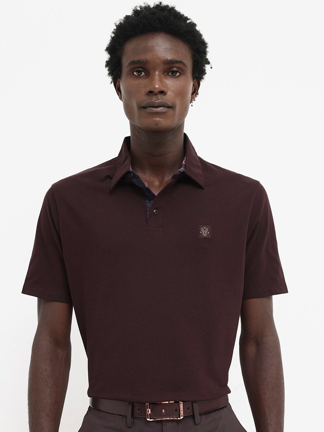 

RARE RABBIT Men Spencer Embroidered Solid Polo Collar T-Shirt, Maroon