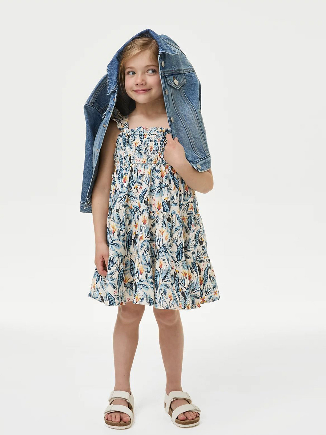 

Marks & Spencer Girls Floral Printed Shoulder Straps Smocked Pure Cotton A-Line Dress, Cream