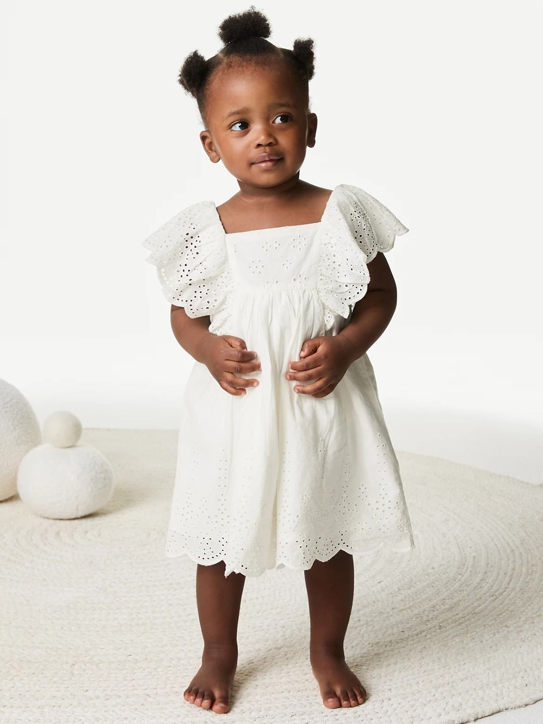 

Marks & Spencer Girls Self Design Square Neck Pure Cotton Ruffled A-Line Dress with Briefs, Cream