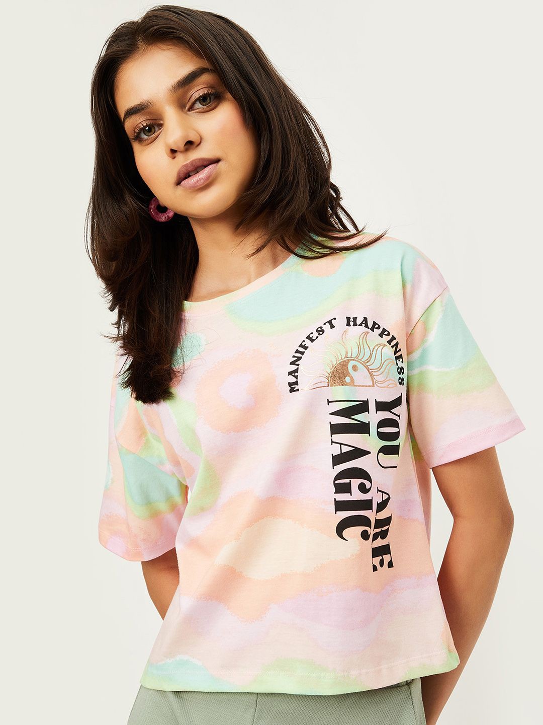 

max Girls Typography Printed Drop-Shoulder Sleeves Cotton T-shirt, Pink