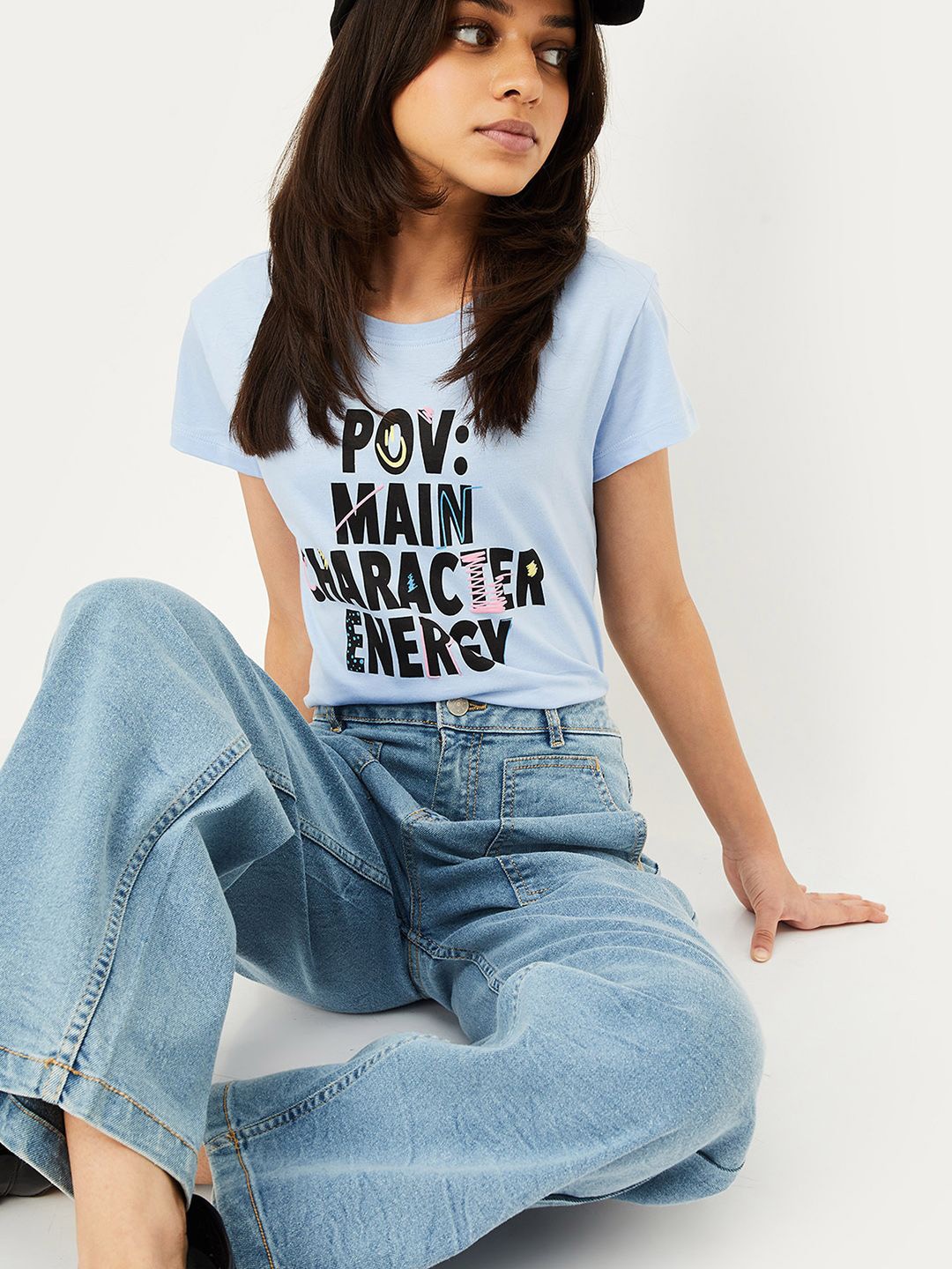 max Girls Typography Printed Round Neck Cotton T-shirt, Blue