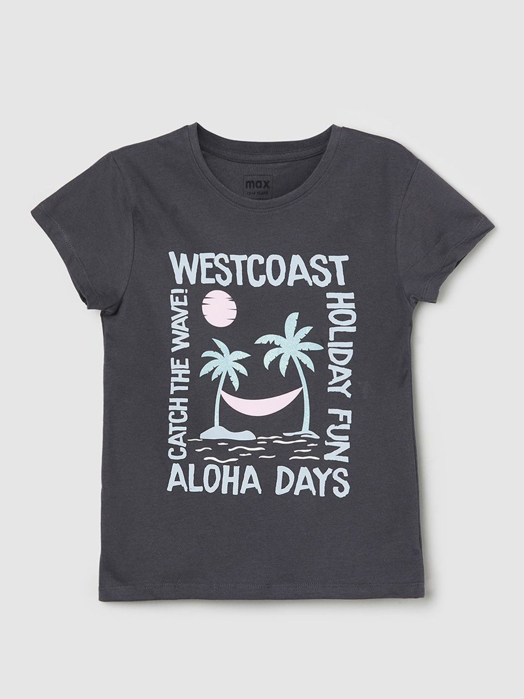 

max Girls Typography Printed Round Neck Cotton T-shirt, Black