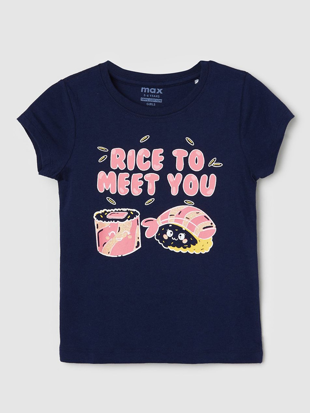 

max Girls Typography Printed Cotton T-shirt, Navy blue
