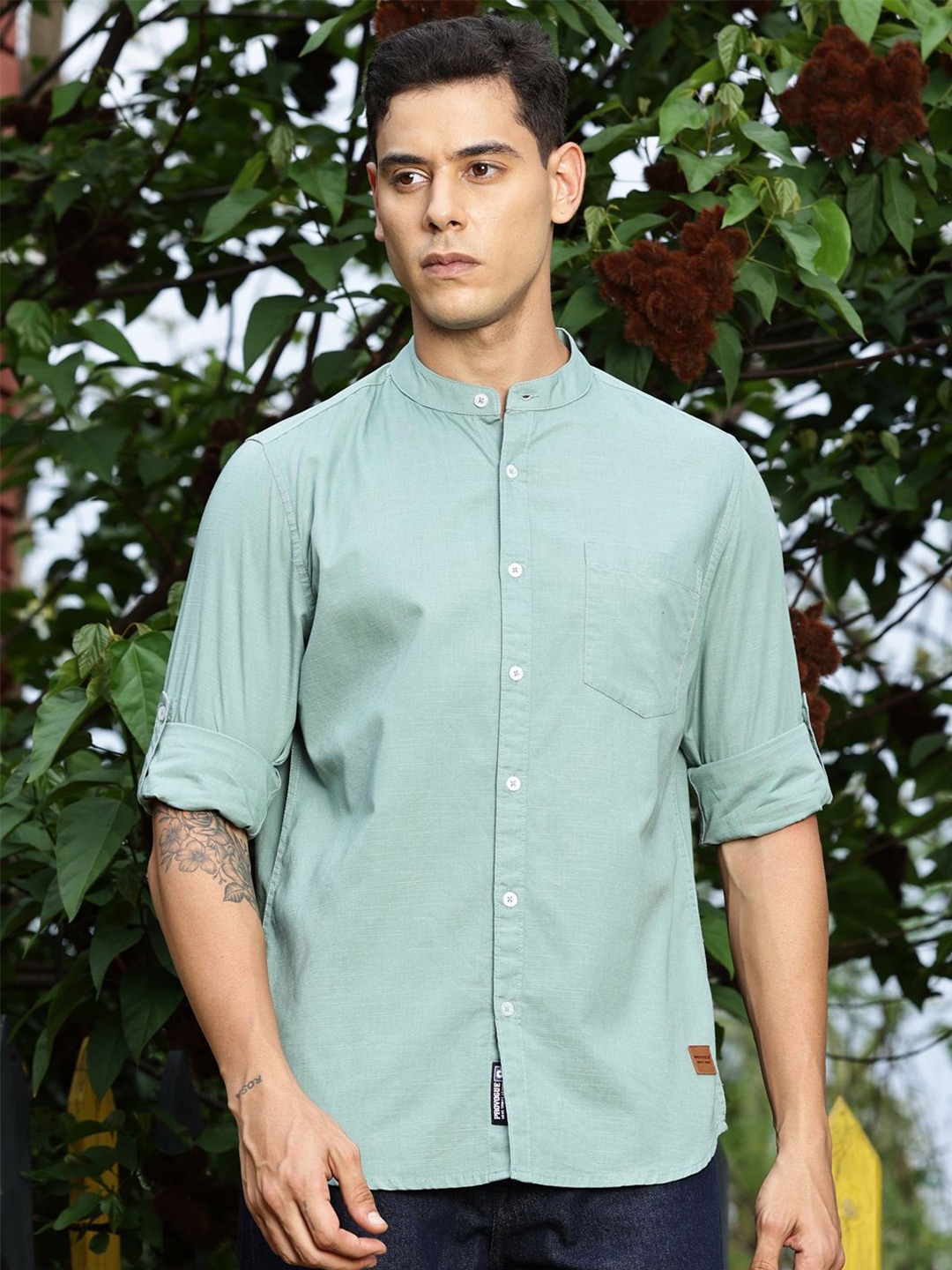 

Provogue Mandarin Collar Long Sleeves Slim Fit Cotton Casual Shirt, Sea green