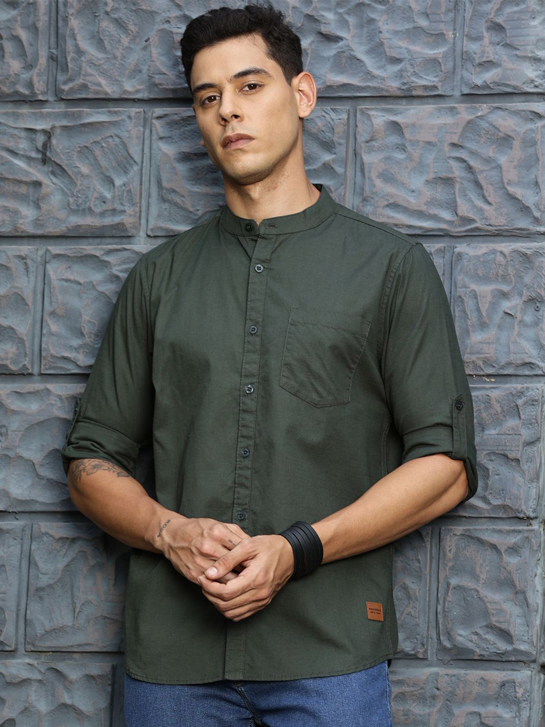 

Provogue Mandarin Collar Slim Fit Cotton Casual Shirt, Green