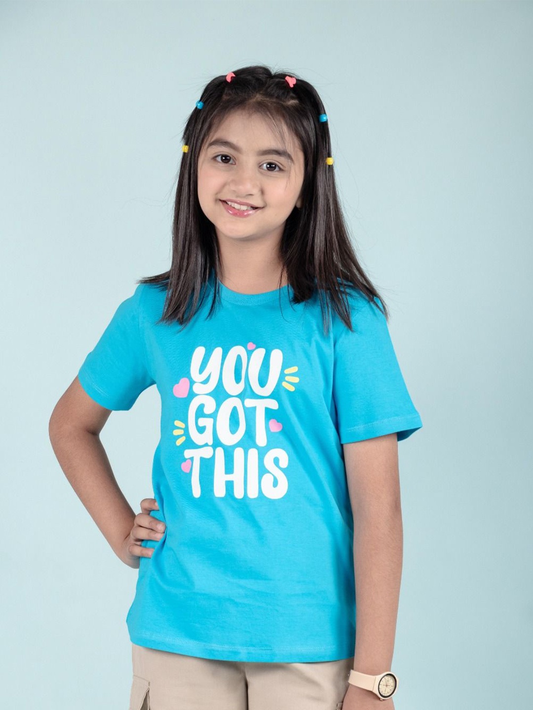 TWEENY MINI Girls Typography Printed Round Neck T-shirt, Blue