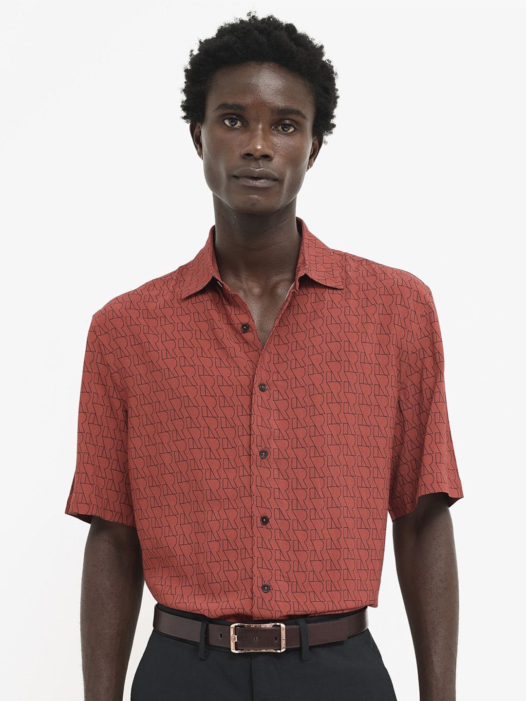 RARE RABBIT Men Atria Ss Slim Fit Spread Collar Floral Printed Shirt, Rust