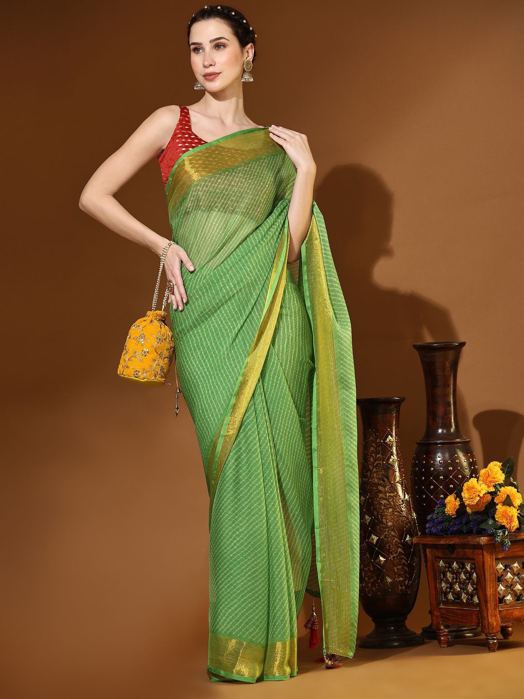 

Rujave Zari Woven Pure Chiffon Leheriya Saree, Olive
