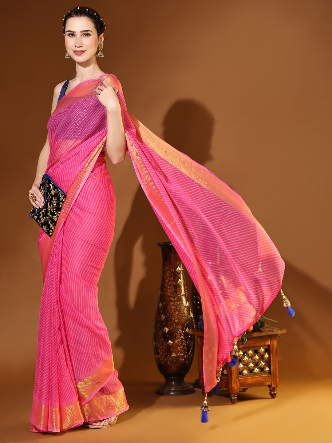 

Rujave Zari Woven Pure Chiffon Leheriya Saree, Pink