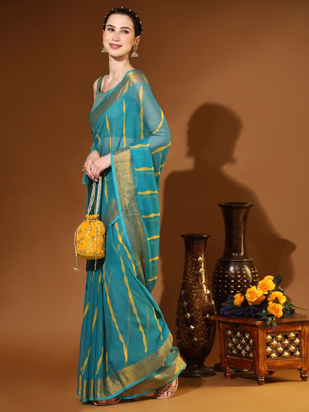 

Rujave Zari Woven Pure Chiffon Leheriya Saree, Teal