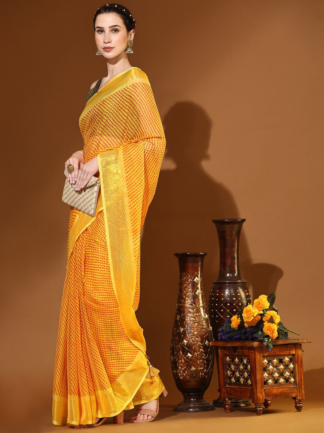 

Rujave Zari Woven Pure Chiffon Leheriya Saree, Yellow