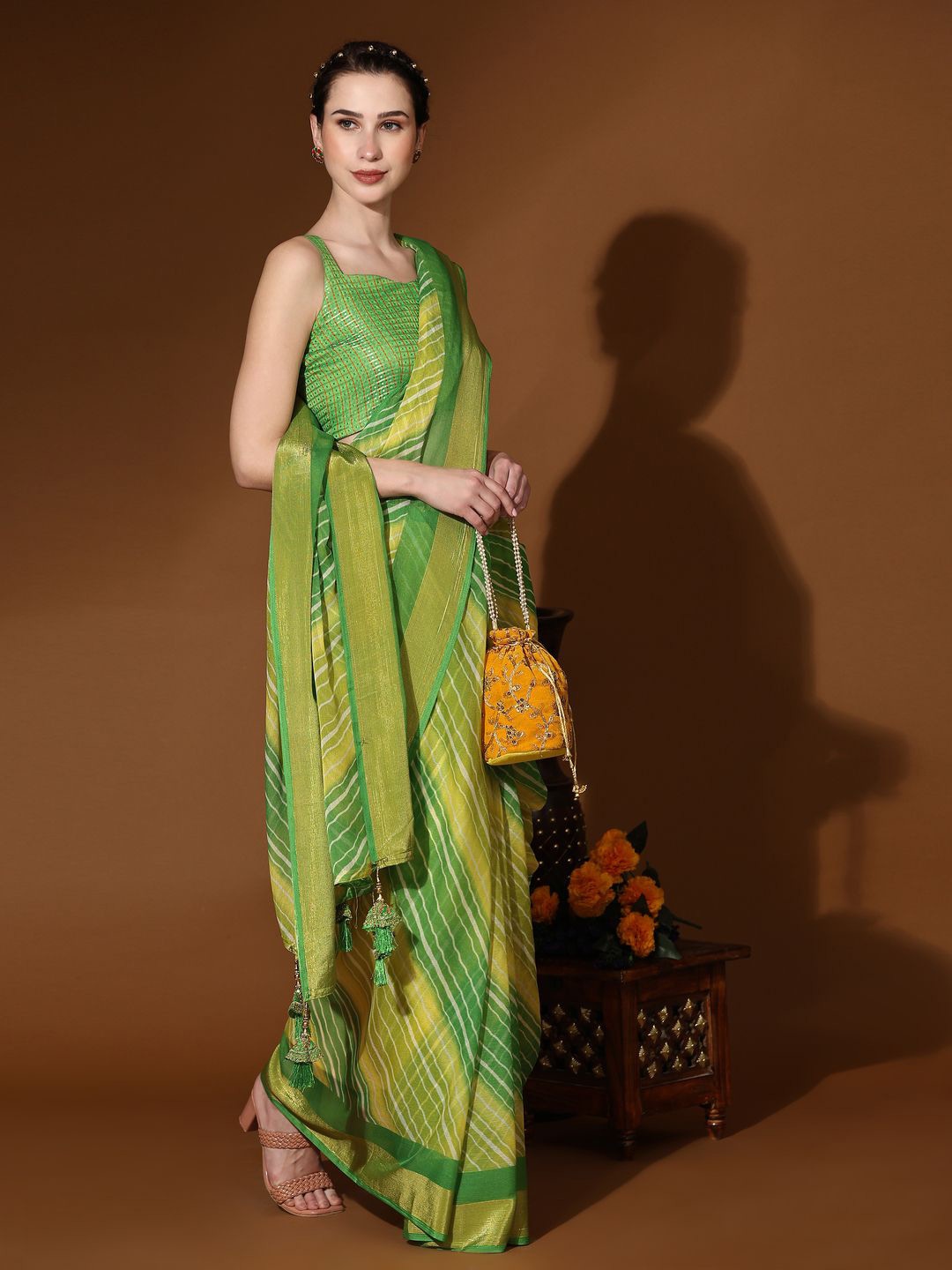 

Rujave Zari Woven Pure Chiffon Leheriya Saree, Green