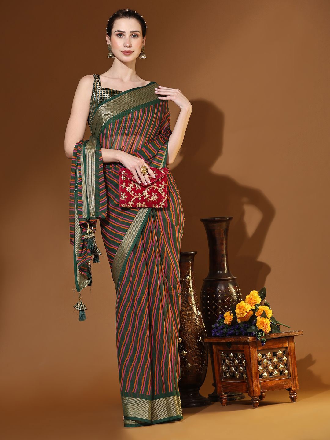 

Rujave Zari Woven Pure Chiffon Leheriya Saree, Green