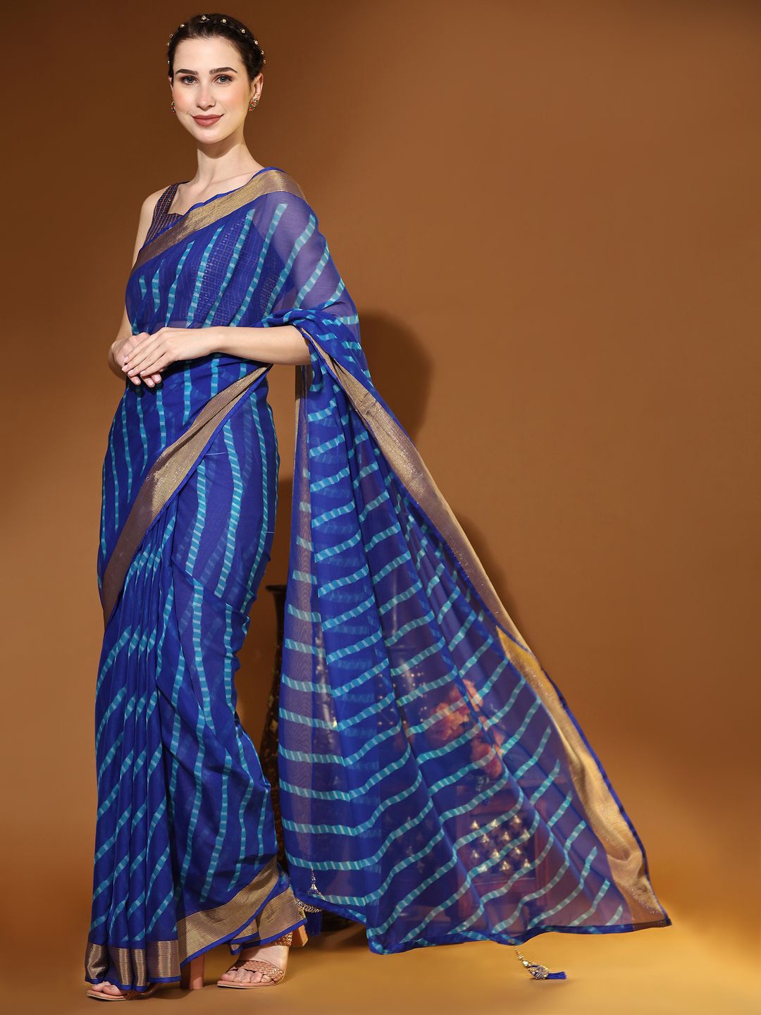 

Rujave Zari Woven Pure Chiffon Leheriya Saree, Navy blue