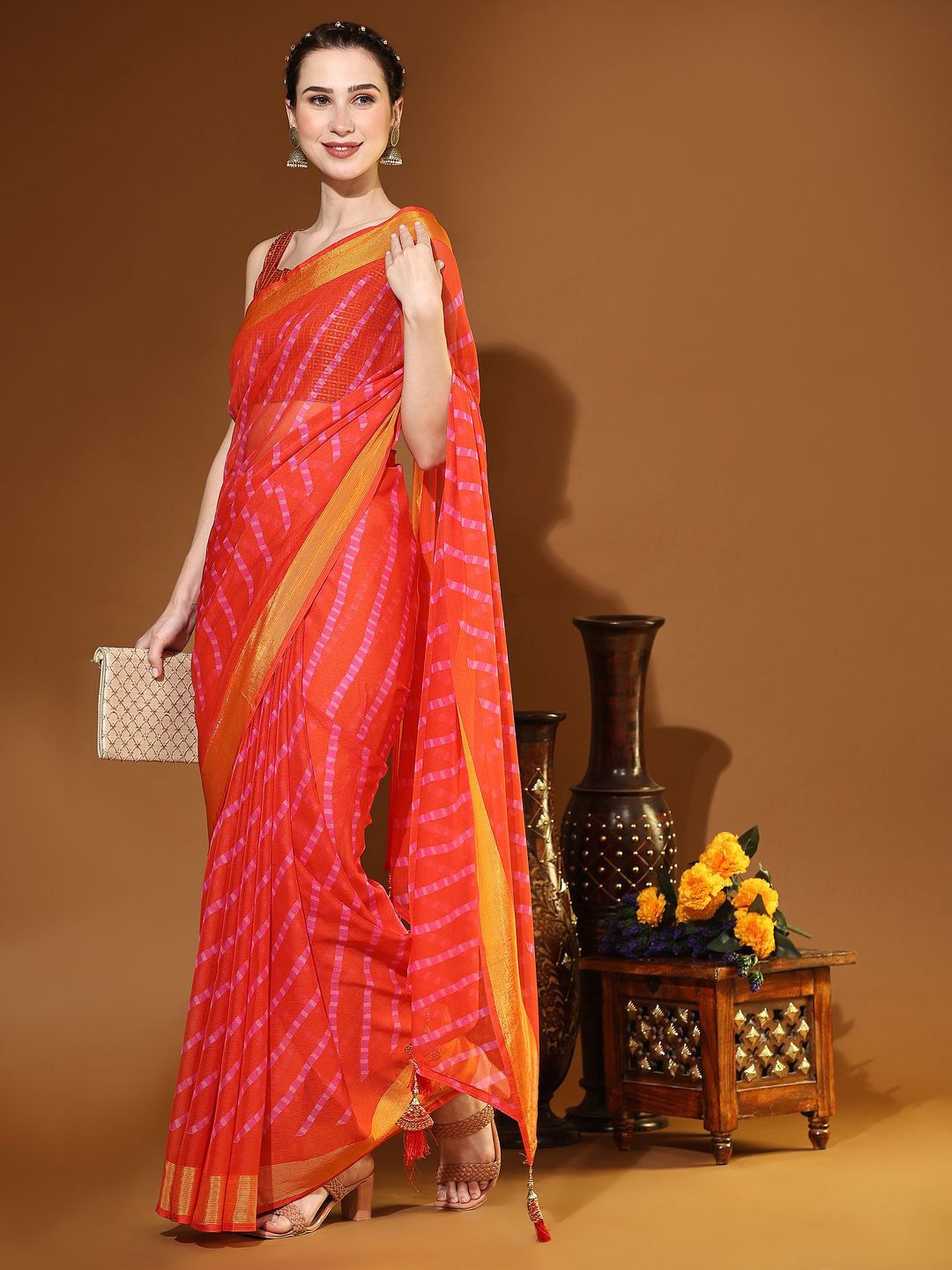 

Rujave Zari woven Leheriya Pure Chiffon Saree, Orange