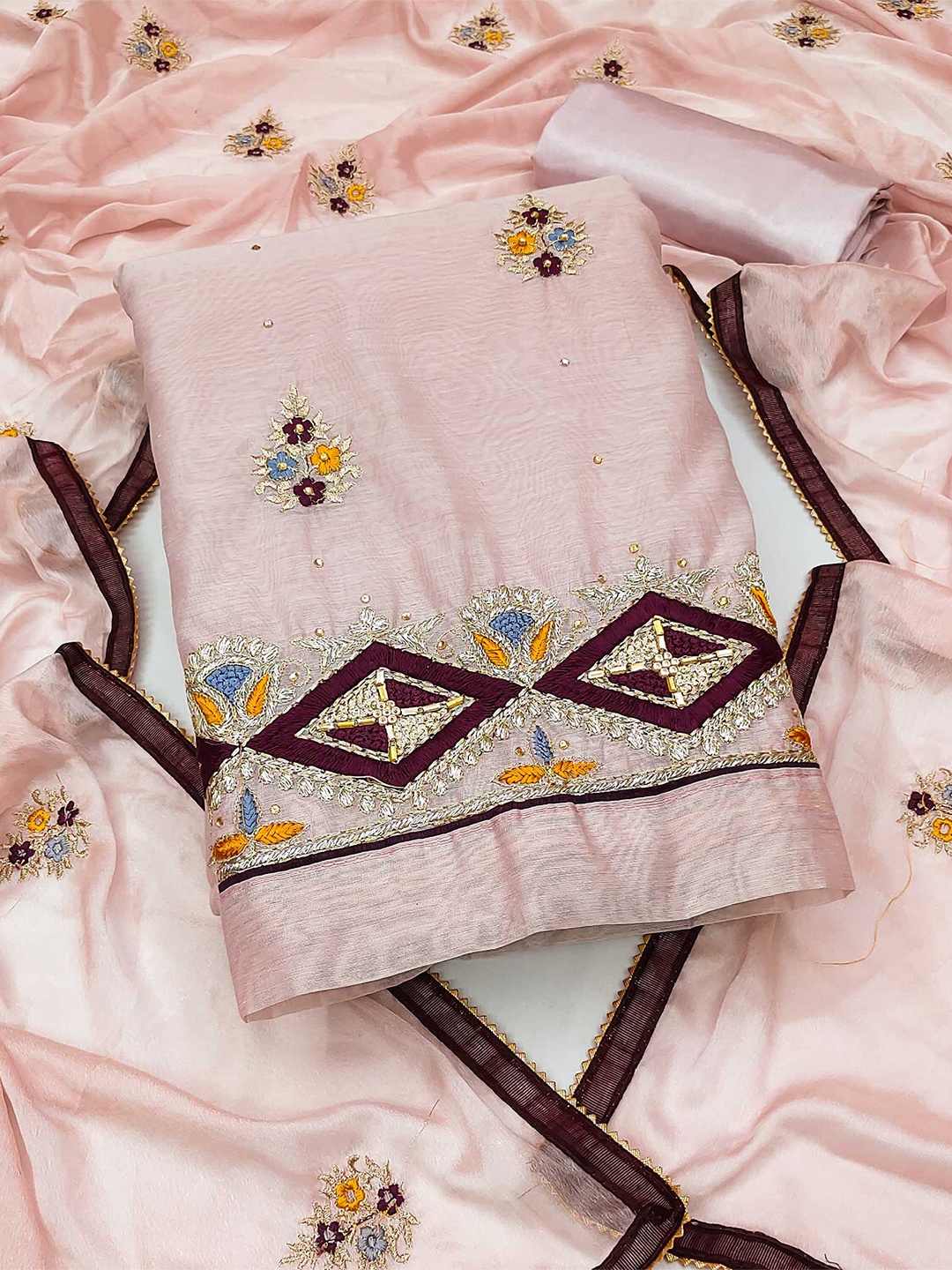 

Peachmode Embroidered Unstitched Dress Material, Peach