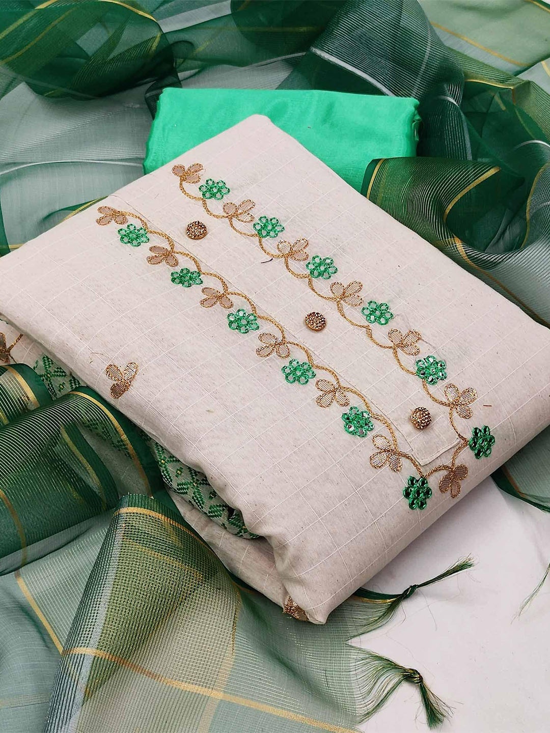 

Peachmode Embroidered Unstitched Dress Material, Green