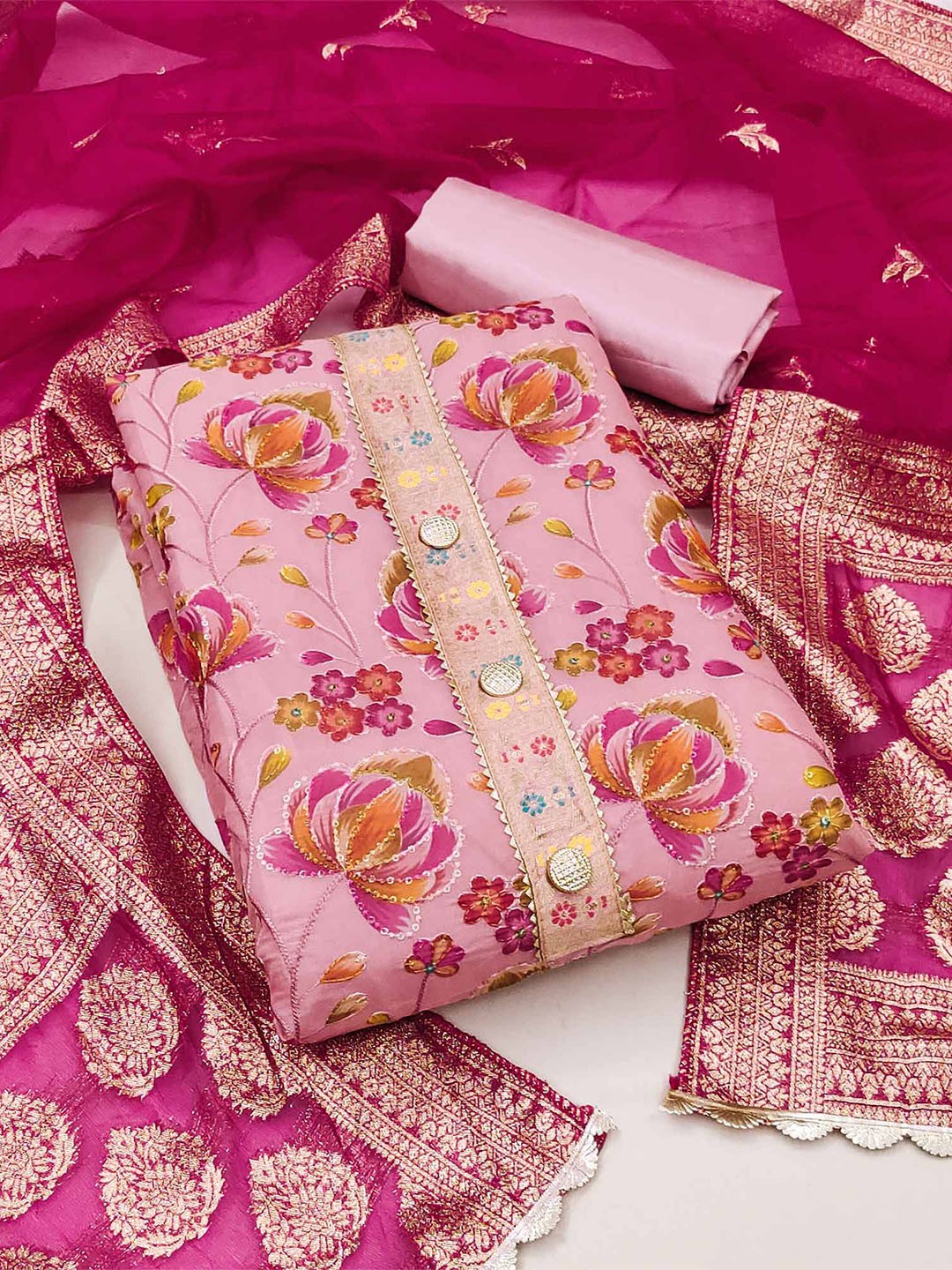 

Peachmode Printed Organza Unstitched Dress Material, Pink