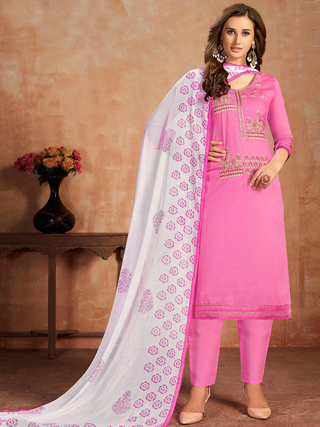 

Peachmode Embroidered Pure Cotton Unstitched Dress Material, Pink