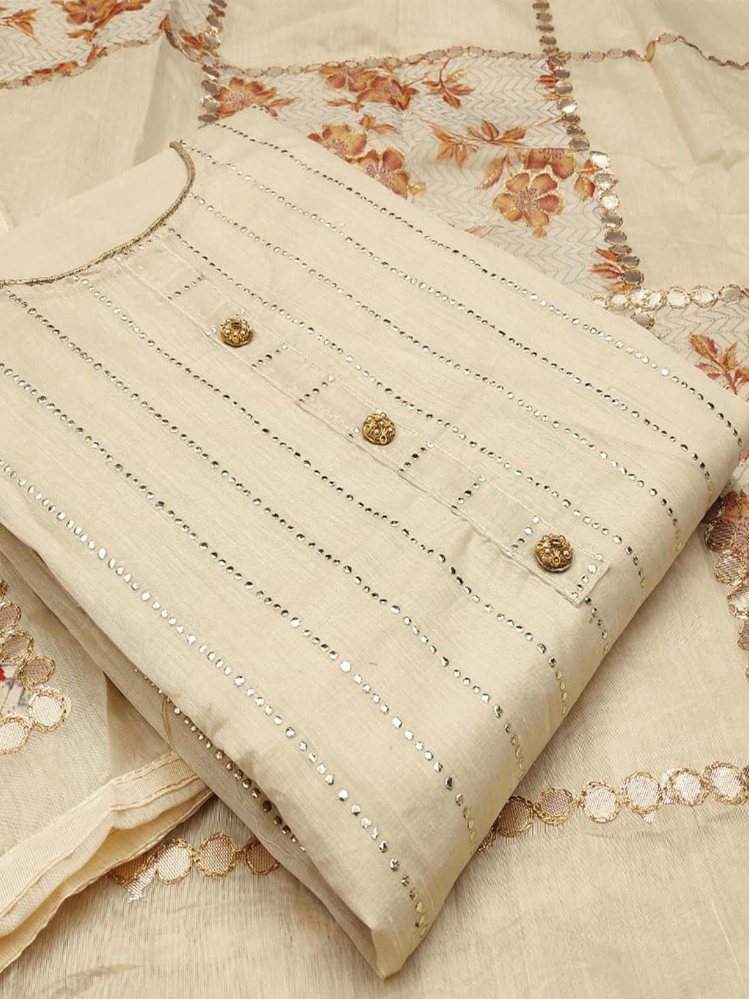 

Peachmode Embroidered Unstitched Dress Material, Beige