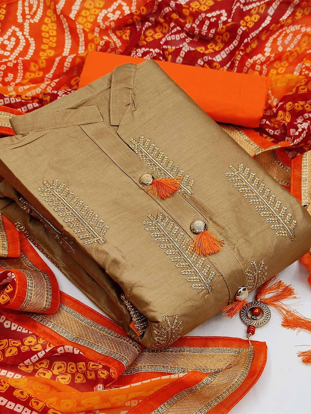 

Peachmode Embroidered Pure Cotton Semi-Stitched Dress Material, Beige