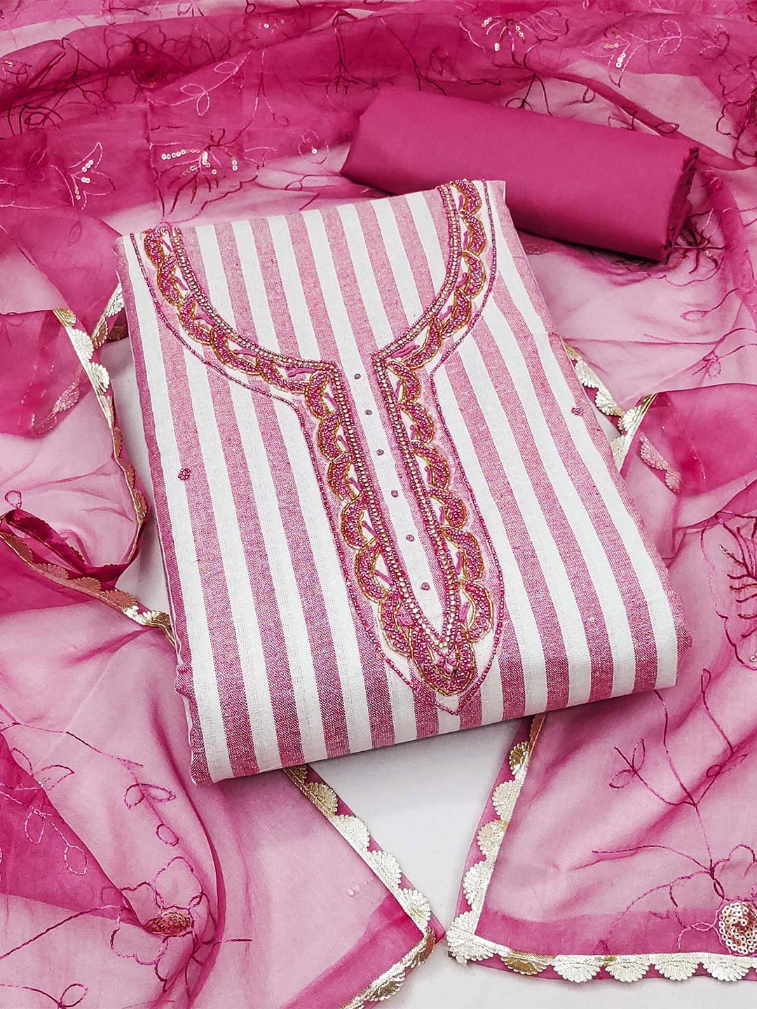 

Peachmode Striped Pure Cotton Unstitched Dress Material, Pink