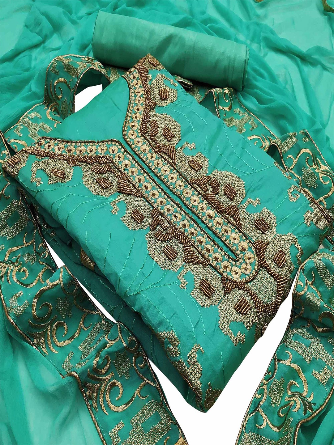 

Peachmode Embroidered Unstitched Dress Material, Turquoise blue