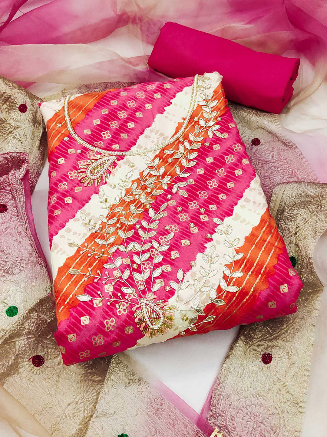 

Peachmode Printed Pure Cotton Unstitched Dress Material, Pink