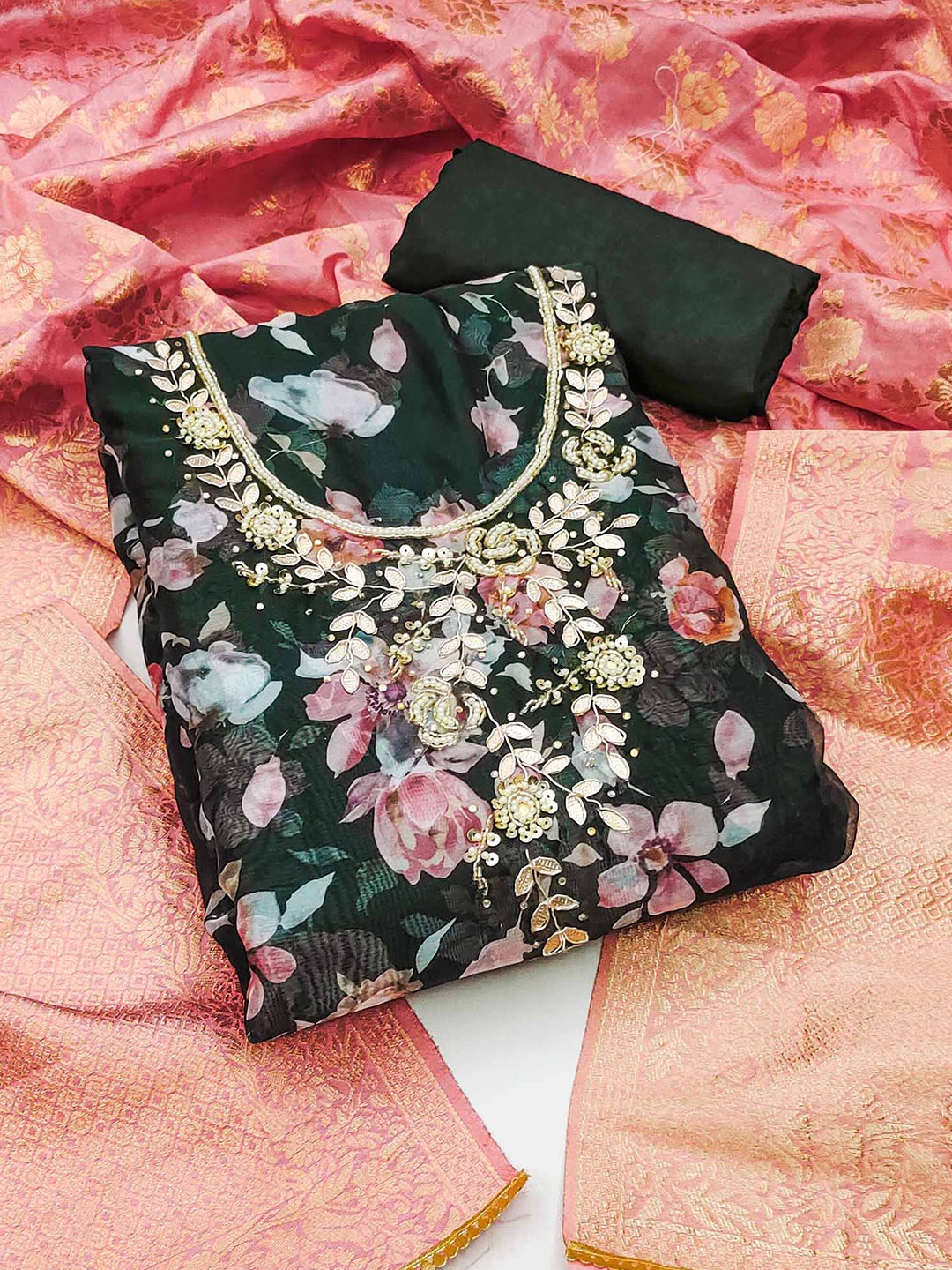 

Peachmode Printed Organza Unstitched Dress Material, Green