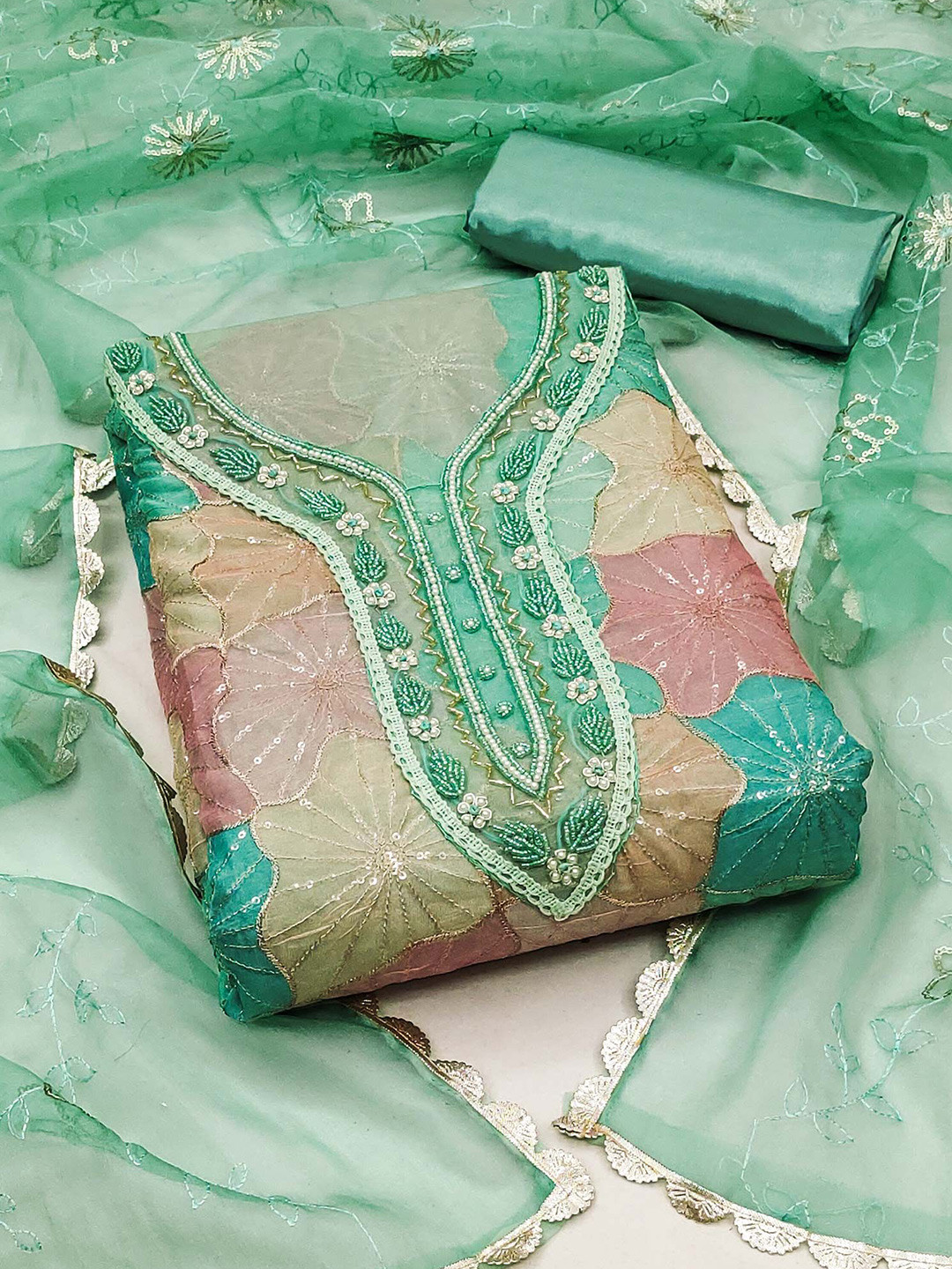 

Peachmode Embroidered Organza Unstitched Dress Material, Green