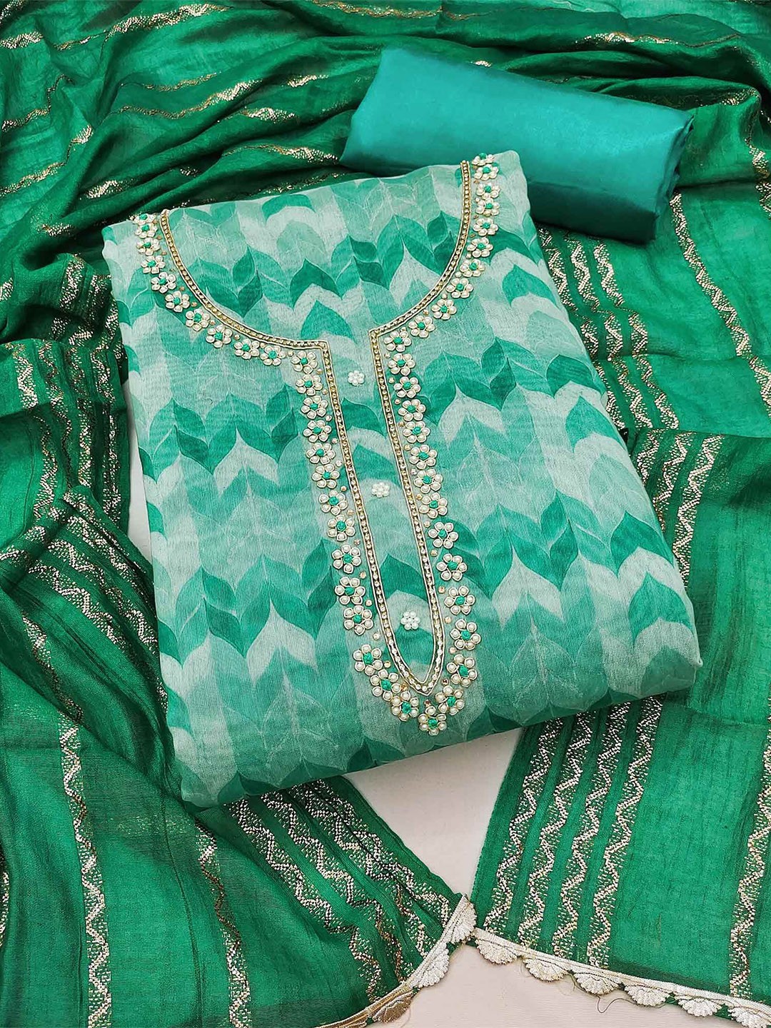 

Peachmode Printed Unstitched Dress Material, Green