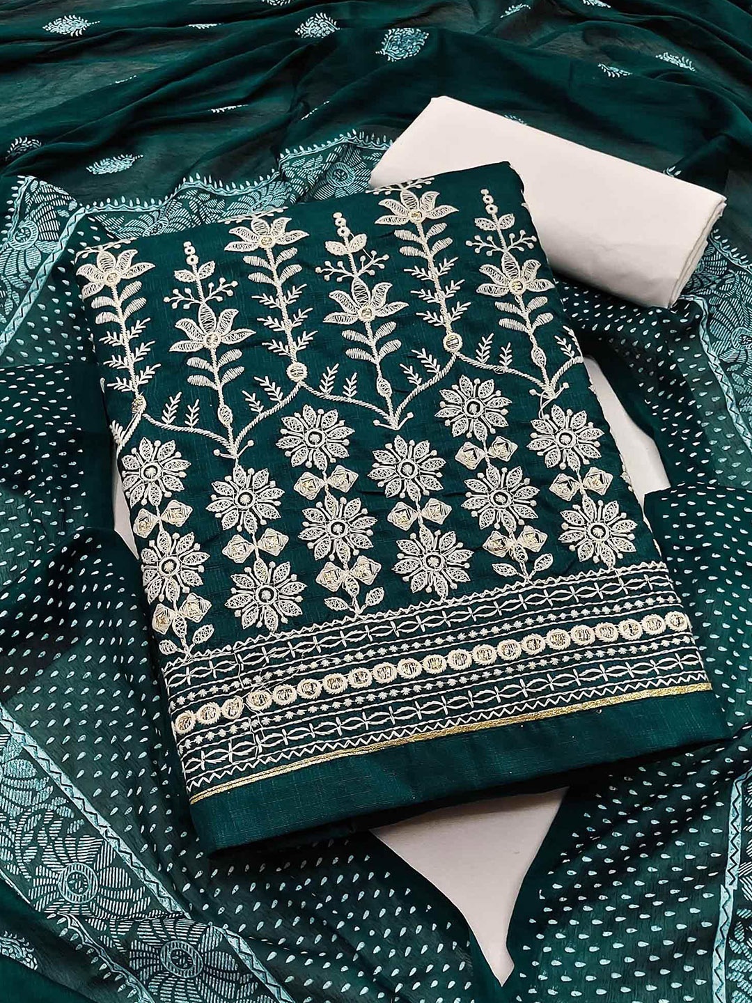 

Peachmode Floral Embroidered Pure Cotton Unstitched Dress Material, Green