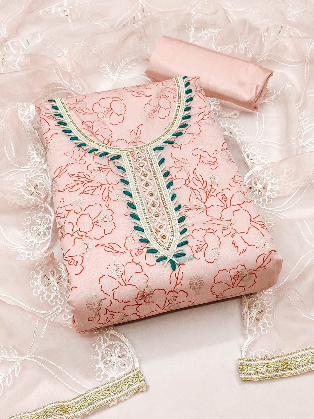 

Peachmode Printed Unstitched Dress Material, Peach