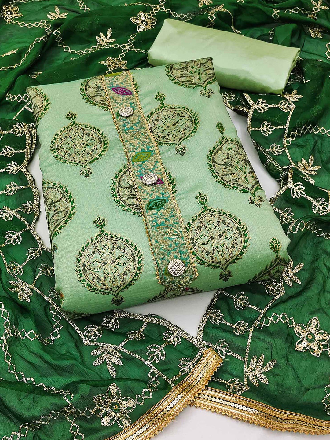 

Peachmode Embroidered Unstitched Dress Material, Green