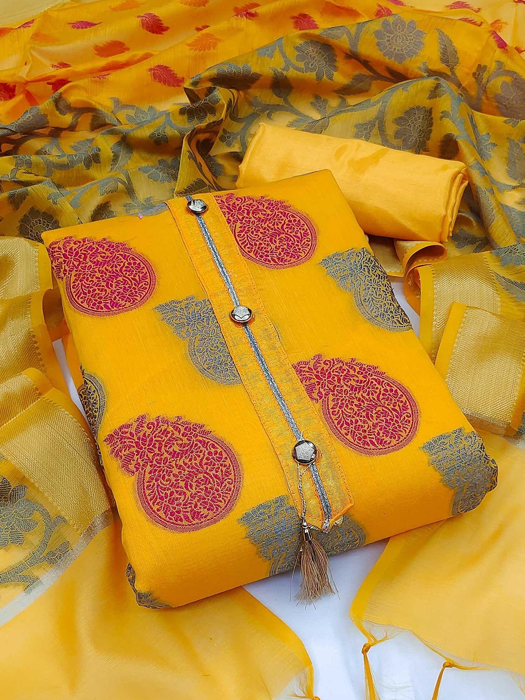 

Peachmode Ethnic Motifs Woven Design Zari Unstitched Dress Material, Yellow
