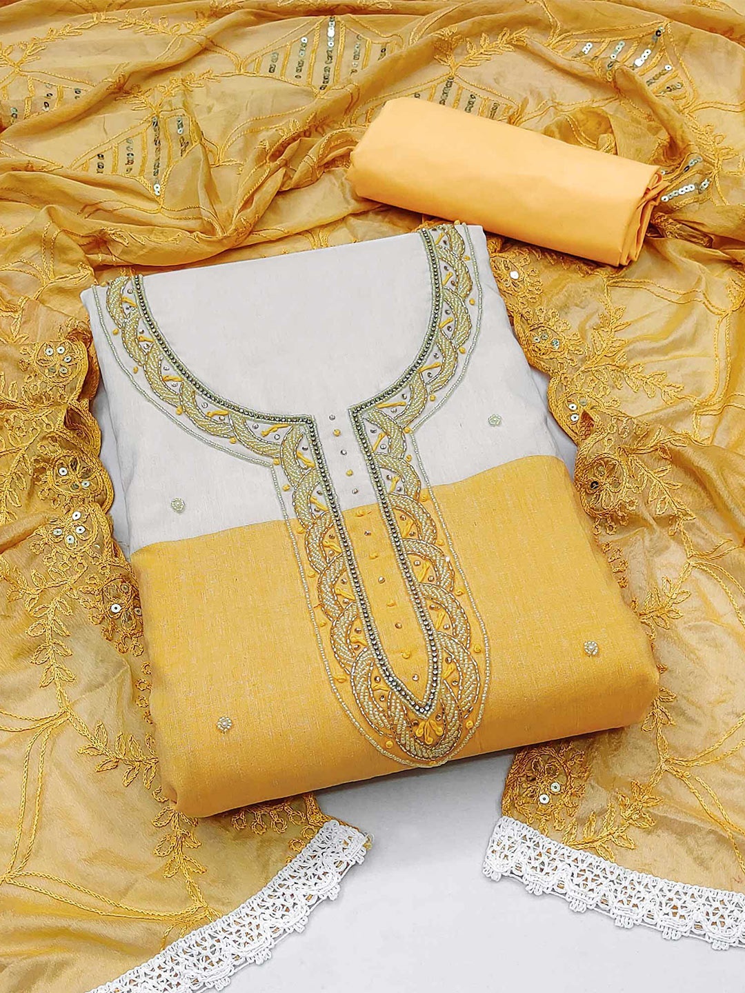 

Peachmode Printed Pure Cotton Unstitched Dress Material, Yellow