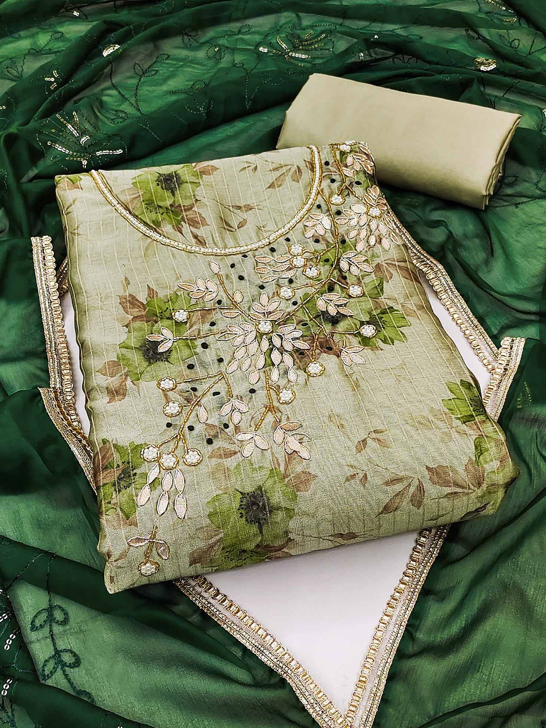 

Peachmode Printed Unstitched Dress Material, Green