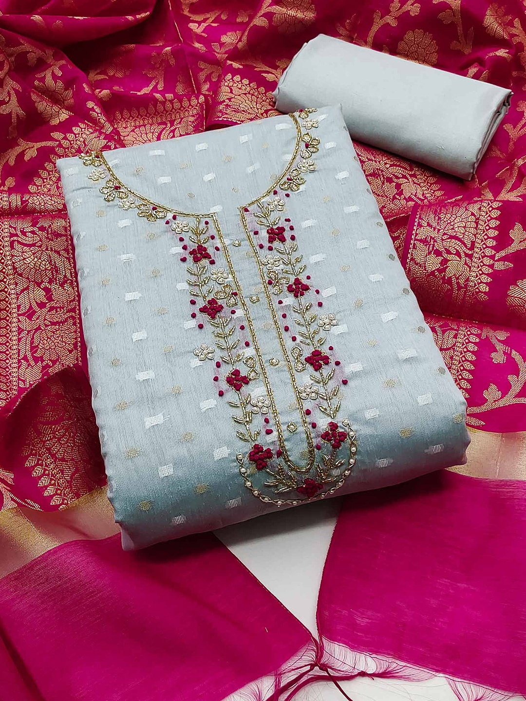 

Peachmode Ethnic Motifs Unstitched Dress Material, Blue