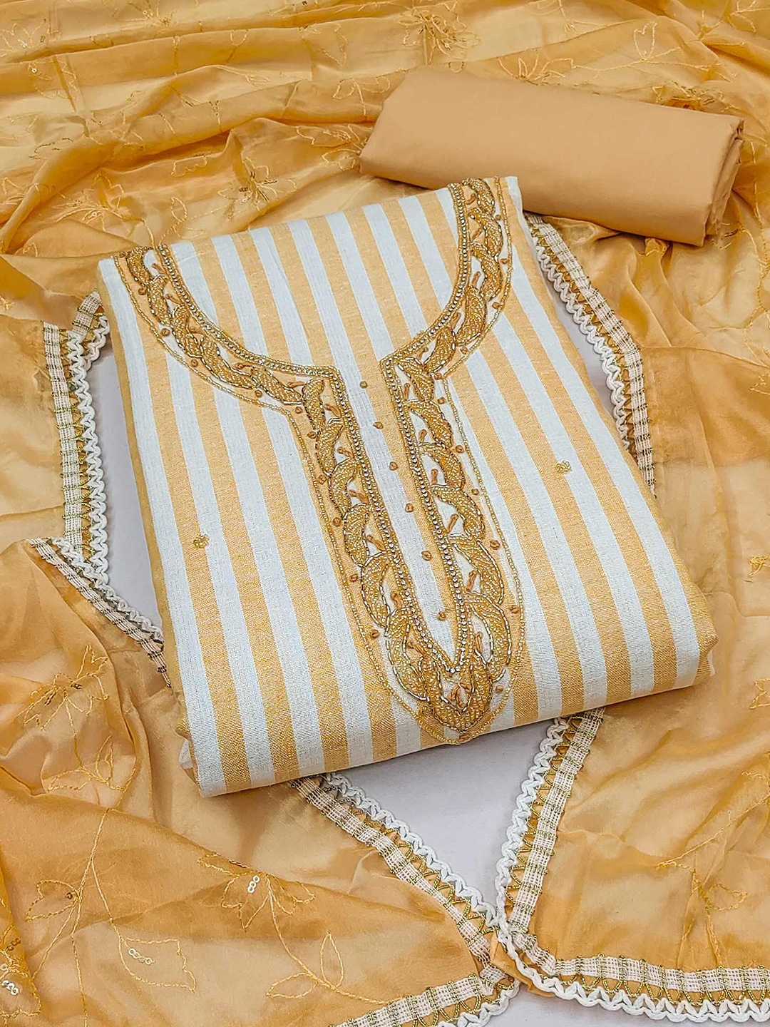 

Peachmode Striped Printed Beads and Stones Pure Cotton Unstitched Dress Material, Beige