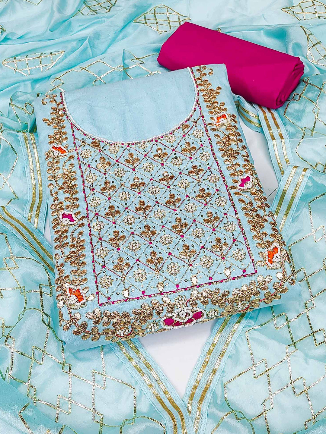 

Peachmode Embroidered Pure Cotton Unstitched Dress Material, Blue
