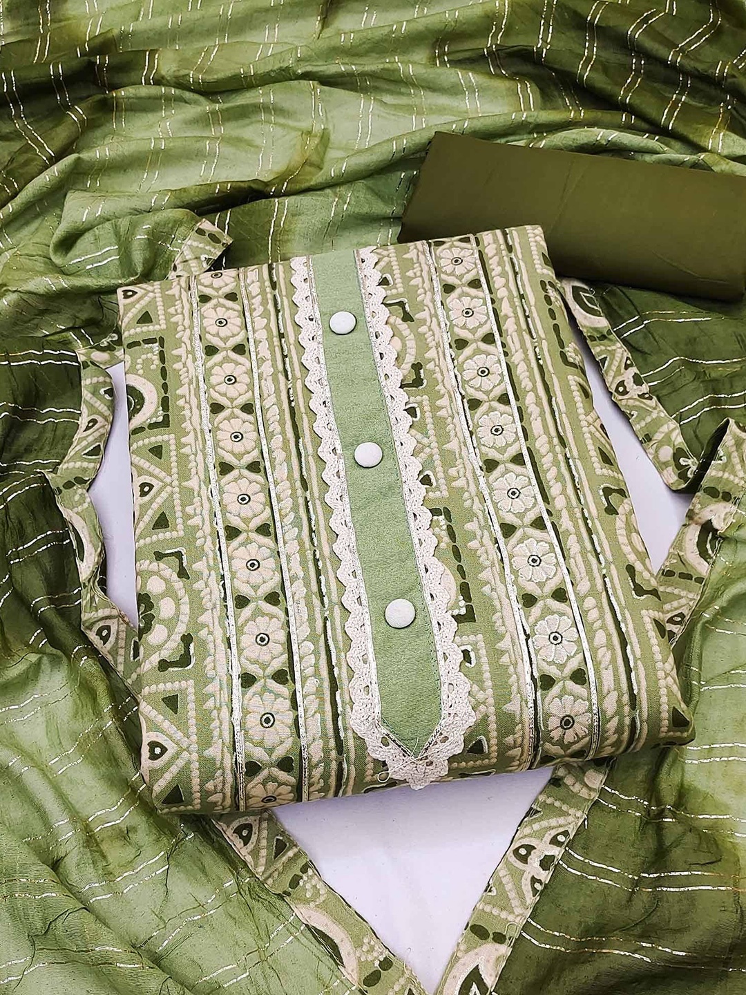 

Peachmode Printed Pure Cotton Unstitched Dress Material, Green