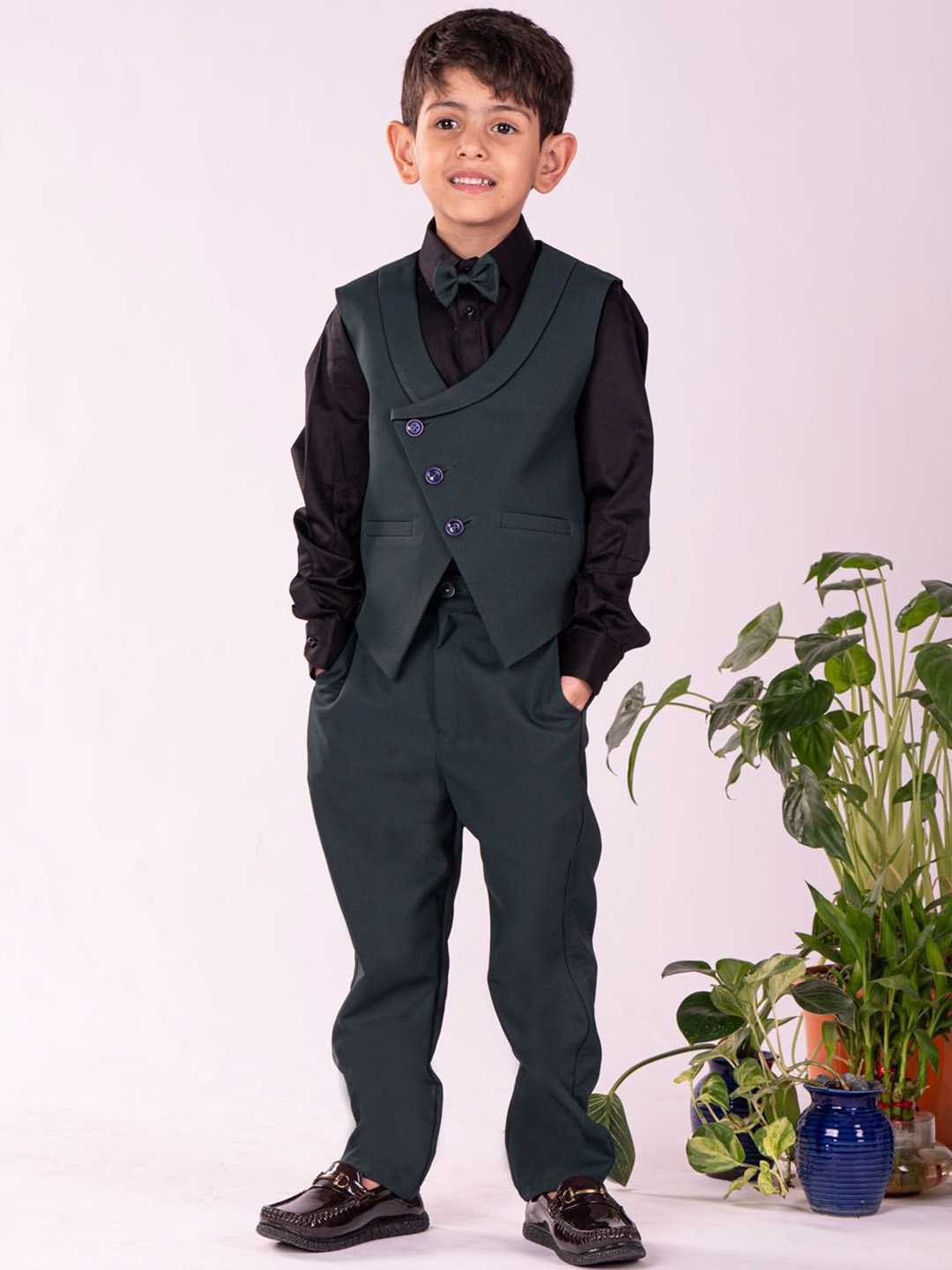 

VASTRAMAY Boys Single-Breasted Five-Piece Party Suit, Green